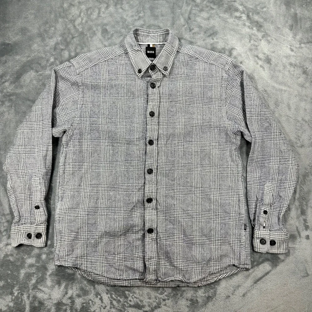 BOSS Hugo Boss Mens Relaxed Fit Glen Plaid Button Down Shirt Blue White M